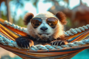 A giant panda wearing sunglasses rests in a hammock at a resort.