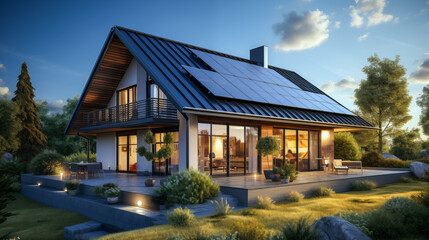Design of sustainable privet house in countryside. Solar energy panels installed on the roof of modern house.