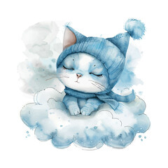 Cute cat on a cloud, watercolor animals, illustration on white background, for book cover, print, baby shower, children's decorations, birthday invitations