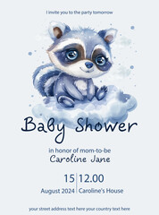 Cute baby shower watercolor invitation card for baby and kids new born celebration. With clouds, moon, stars, teddy bear