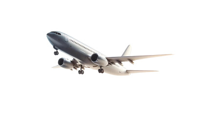 Obraz premium A commercial airplane in flight, isolated on a transparent background. The plane is shown from a side angle, capturing its sleek