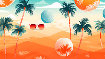 beach palm trees beach ball sunglasses cocktails waves sea sunshine pattern abstract graphic poster background