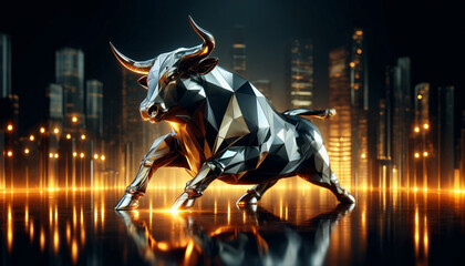 Fototapeta premium A majestic sculpture of a bull, crafted in a geometric, mirrored design, giving it a faceted appearance