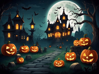 Halloween night background design with pumpkin, old house for historical purposes. Haunted castle with cemetery and icons in Halloween scene.