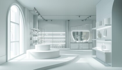 The image is a 3D rendering of a modern, minimalist retail space