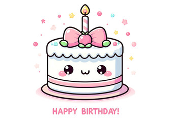 Kawaii Happy Birthday Cake: Printable Greeting Card Template