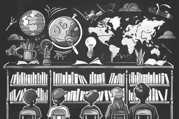 The image shows a blackboard with a world map, a globe, and a light bulb. There are also some books on the shelves. A group of students are sitting in front of the blackboard.