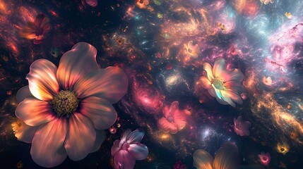 Fototapeta na wymiar A celestial garden of cosmic flowers, each petal a swirling galaxy of vibrant colors, blooming in the infinite expanse of space. 32k, full ultra HD, high resolution