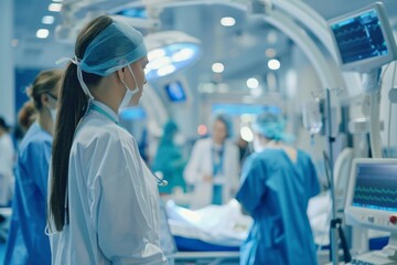 The image shows a female surgeon in an operating room, wearing a surgical gown and cap