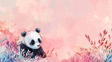 Naklejka premium Watercolor panda in bamboo forest. Cartoon scene with cute panda bear in bamboo forest illustration for children.