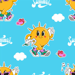 Seamless pattern sun on a blue background with clouds. Vector Character sun in groove style.