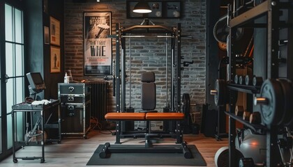 The image shows a home gym with a variety of weightlifting equipment, including a bench press, squat rack, and dumbbells