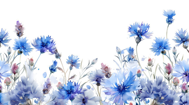 Watercolor cornflowers on a white background