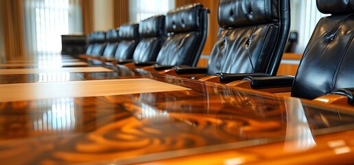 Close up of an empty modern business conference room with a large wooden table and black leather...