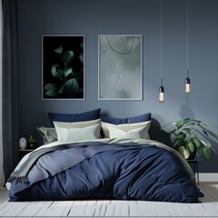 Navy Blue Bedroom with Frame Mockup for Modern Home Decor