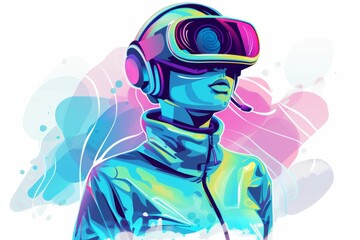 The image shows a person wearing a virtual reality headset. The person is immersed in a virtual world, and is surrounded by colorful lights.