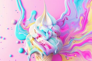 3d render of melting ice cream with colorful swirls and dripping liquid, on pastel background