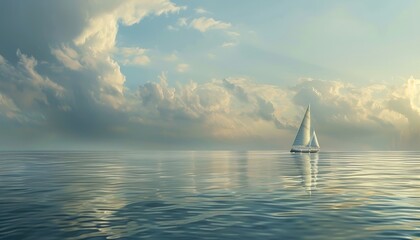 The image shows a sailboat on a calm sea with a beautiful sky.