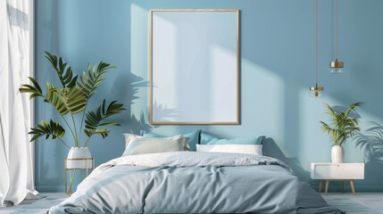 Light Blue Bedroom with Frame Mockup for Contemporary Home Decor