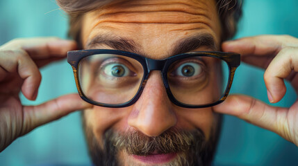 A close-up of a man with a beard and glasses, holding his glasses with a humorous and surprised expression.