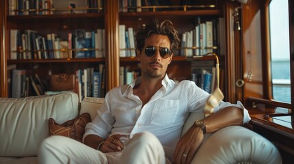Portrait of a good looking man in casual dress at a yacht club, exuding old money and sophistication, perfect for magazine photography showcasing a wealthy and stylish lifestyle Generative ai