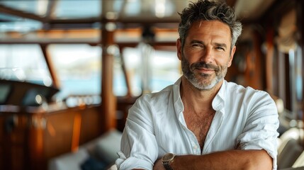 Portrait of a good looking man in casual dress at a yacht club, exuding old money and sophistication, perfect for magazine photography showcasing a wealthy and stylish lifestyle Generative ai