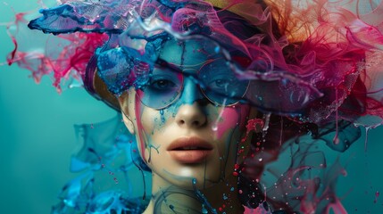 The photo shows a woman with colorful powder dissolving around her head. She is wearing a pair of glasses and has her eyes closed. The image is very surreal and dreamlike.