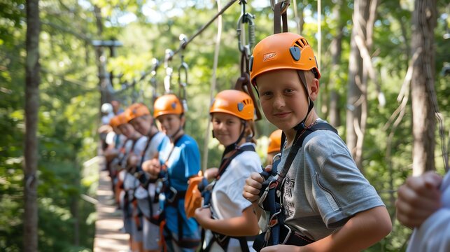 Kids having fun ziplining through the trees at a summer camp.
