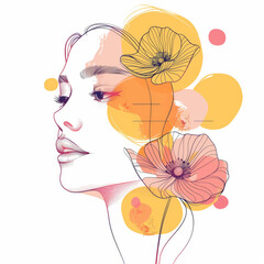 An illustration showing a woman with flowers positioned on her face in a linear and minimalistic style
