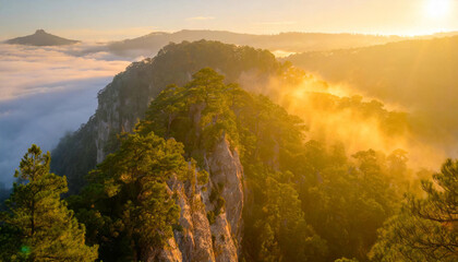Sunrise over Bastei bridge in the Elbe sandstone mountains with fog in the Elbe valley