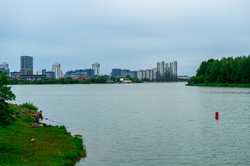 lake is near residential area of the city. Minsk, Belarus.
