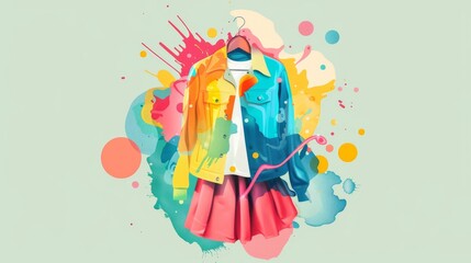 This is an abstract painting of a colorful jacket. The jacket is made of many different colors and shapes, and it has a very unique and eye-catching design.