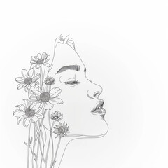 A linear, minimalistic style illustration of a woman with flowers in her hair