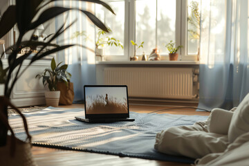 A bedroom corner with a yoga mat and a laptop displaying a virtual pilates class