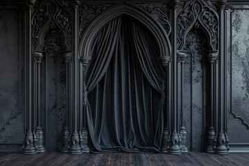 3D rendering of a black gothic arch with drapery and ornate decoration. A black curtain on the wall.