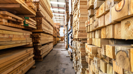 Stacks of wooden planks and beams neatly arranged in a lumber warehouse or storage facility.