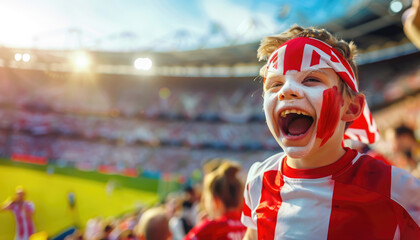 A happy English boy fan with face painted in the colors of England flag is posing at stadium while cheering for his team during football match, fans around him