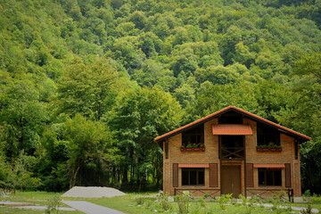 Wooden house log cabin in the mountains in Abkhazia. Ecology and recreation away from the city. Lots of green trees