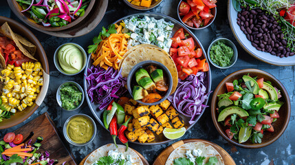 A colorful vegan taco spread with fillings like jackfruit, grilled veggies, and black beans