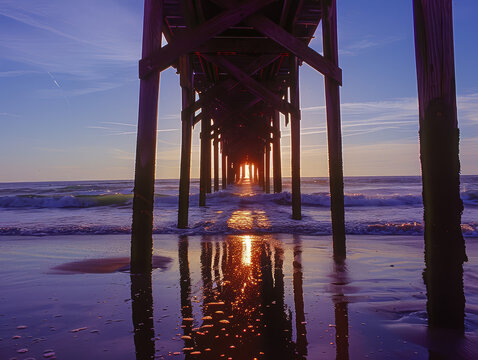 A pier with a wooden walkway leading to the ocean - Powered by Adobe