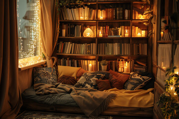 A cozy bedroom with a reading nook, filled with books and candles, and no electronics in sight