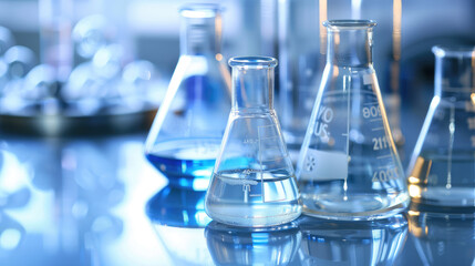 Laboratory glassware with various liquids on a reflective surface.