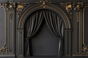 3D rendering of a luxury black arch with curtain and golden decorative elements on a dark wall...