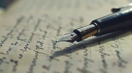 Close-up view of a handwritten letter with a fountain pen resting on the paper