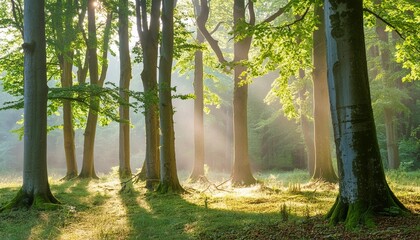 natural sunny forest of beech and oak trees with some morning mist in summer