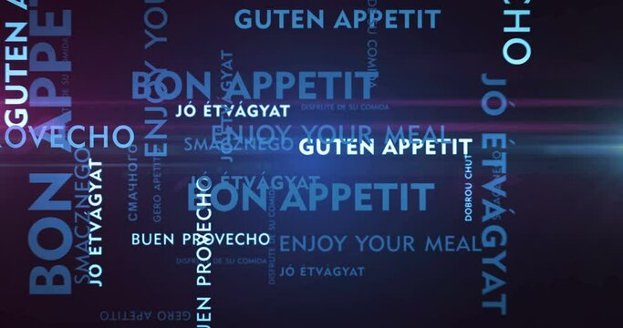Enjoy your meal kinetic text abstract concept loop animated. Bon appetit in different languages word typography seamless looping 3d animation.