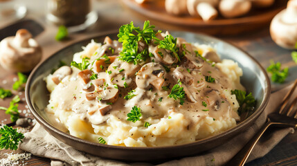 A creamy vegan mushroom stroganoff served over a bed of mashed potatoes garnished with parsley