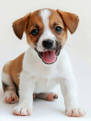 A cute brown and white puppy is sitting on a white surface with its tongue out