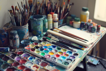 A creative art station filled with paints, brushes, and a sketchbook, encouraging analog creativity