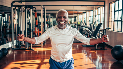 Healthy mature african american man lifting weights in the gym, happy old man exercising with dumbbells, active elder black man training hd, senior fitness health